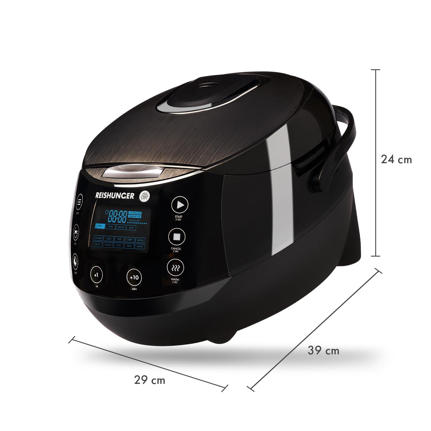 Reishunger Digital Rice Cooker and Steamer, Black, Timer - 8 Cups - Premium Inner Pot, Multi Cooker with 12 Programs & 7-Phase Technology for Brown Rice, Soups, Grains, Oatmeal & more - 1-8 People