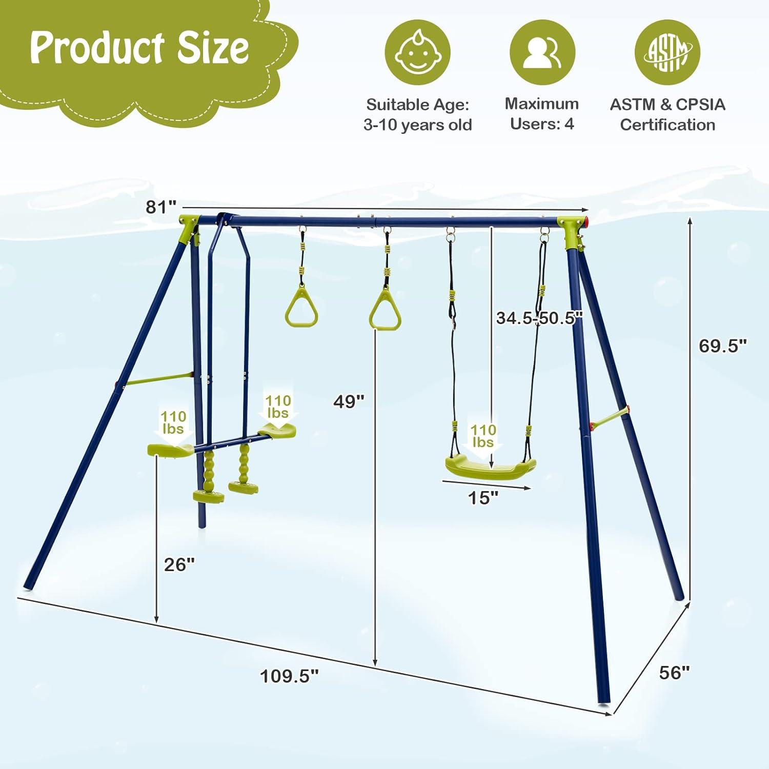 Heavy Duty 3-in-1 Metal Swing Set with Gym Rings