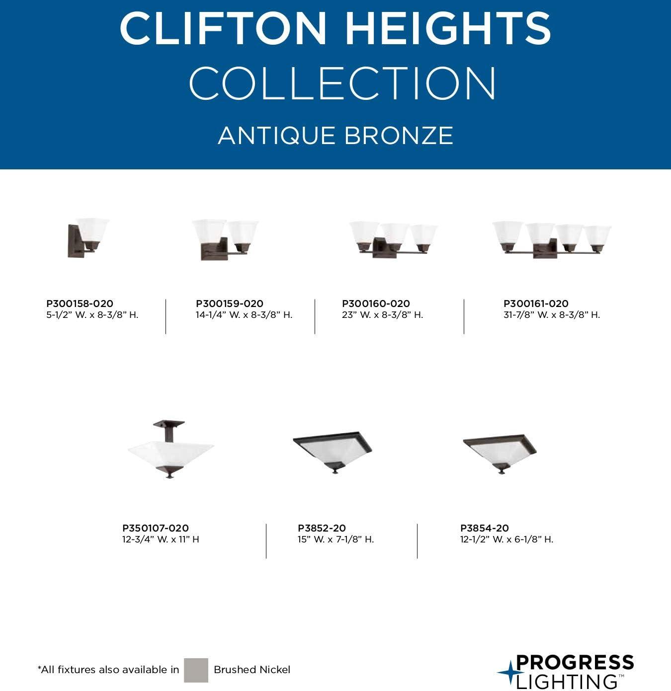 Progress Lighting Clifton Heights 2-Light Semi-Flush, Antique Bronze, Etched Square Glass Shade