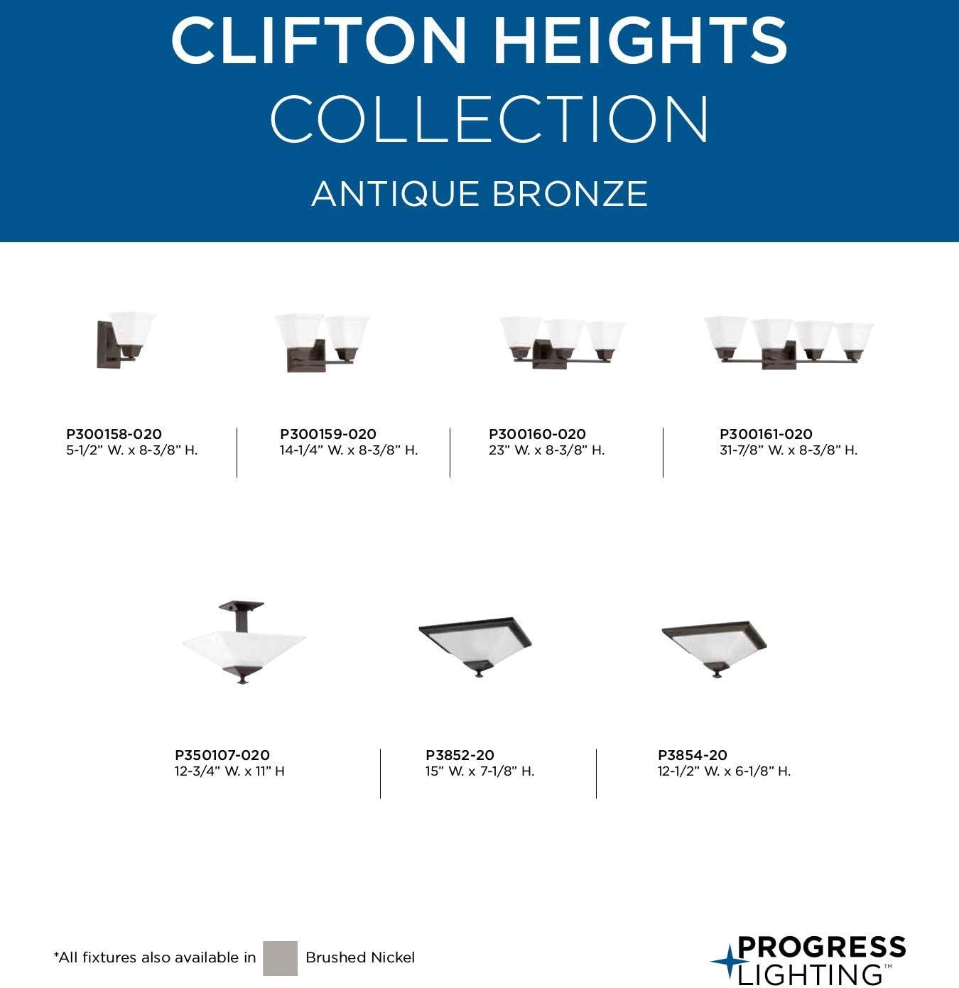 Progress Lighting Clifton Heights 3-Light Bath Vanity Fixture, Antique Bronze, Etched Square Glass Shade