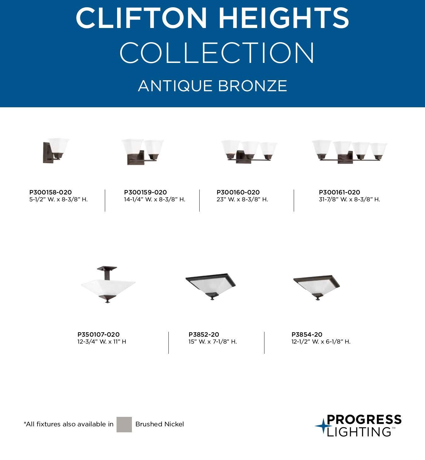 Progress Lighting Clifton Heights 2-Light Semi-Flush, Antique Bronze, Etched Square Glass Shade