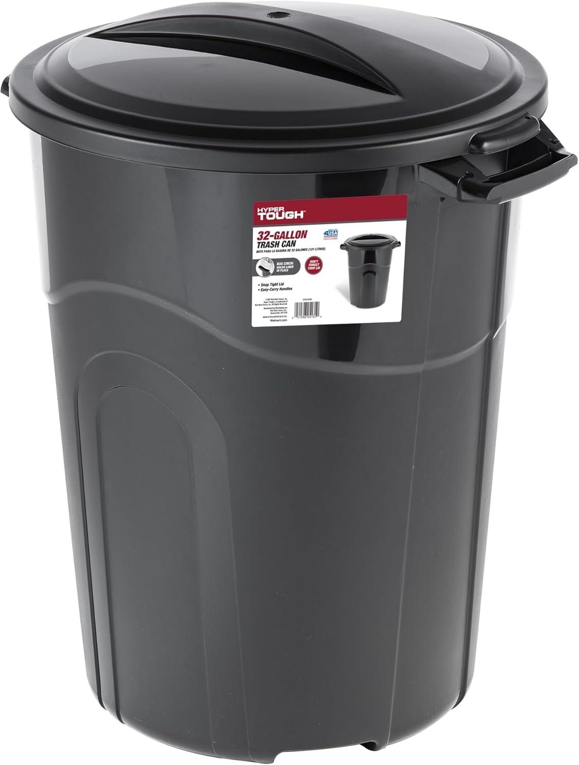 32 Gallon Black Plastic Outdoor Trash Can with Lid