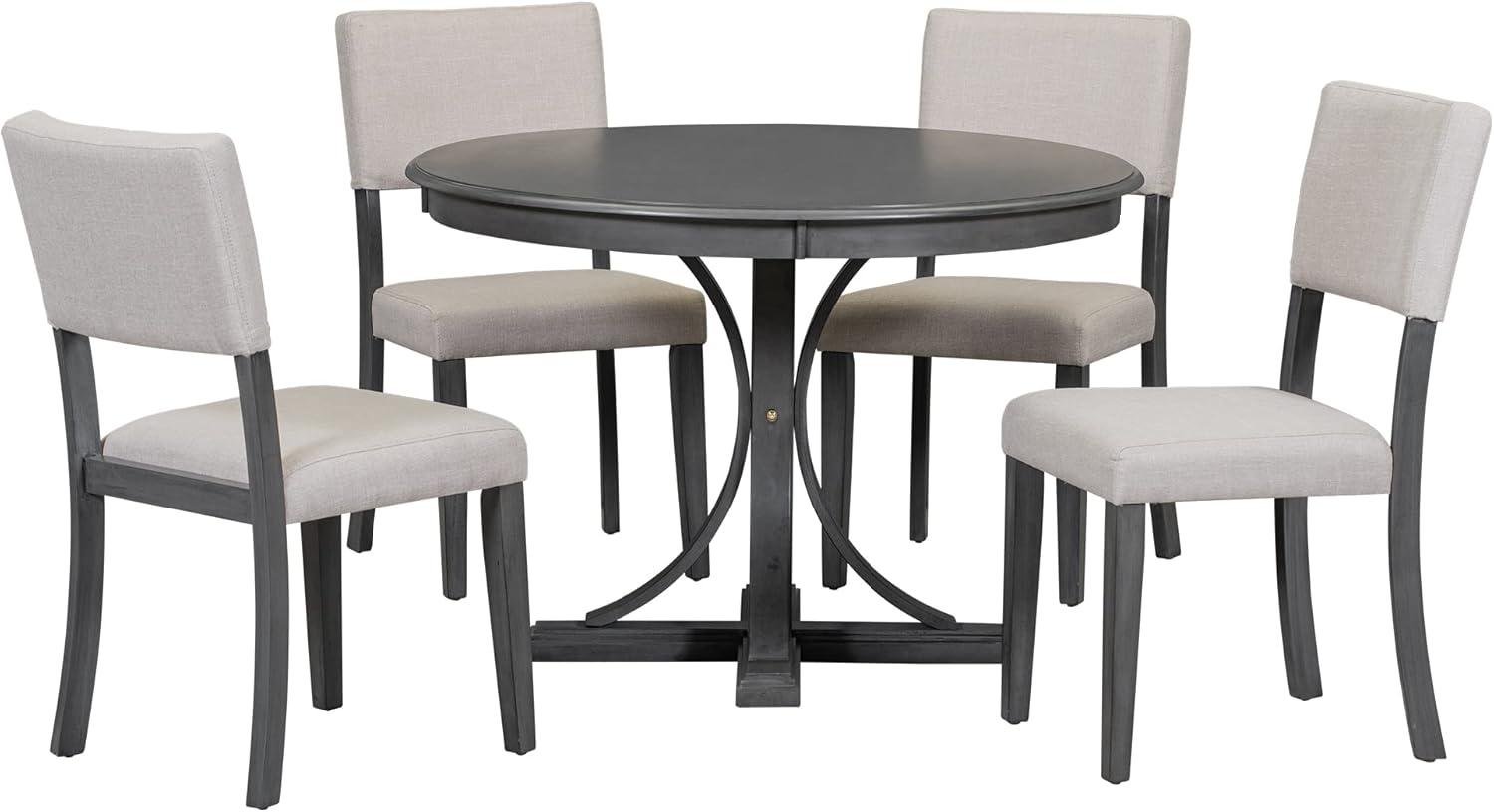 5-Piece Retro Round Kitchen Dining Table Set, Wood Dining Furniture with Curved Trestle Style Table Legs and 4 Upholstered Chairs with Ergonomic Dining Back for Dining Room,Kitchen (Dark Gray)