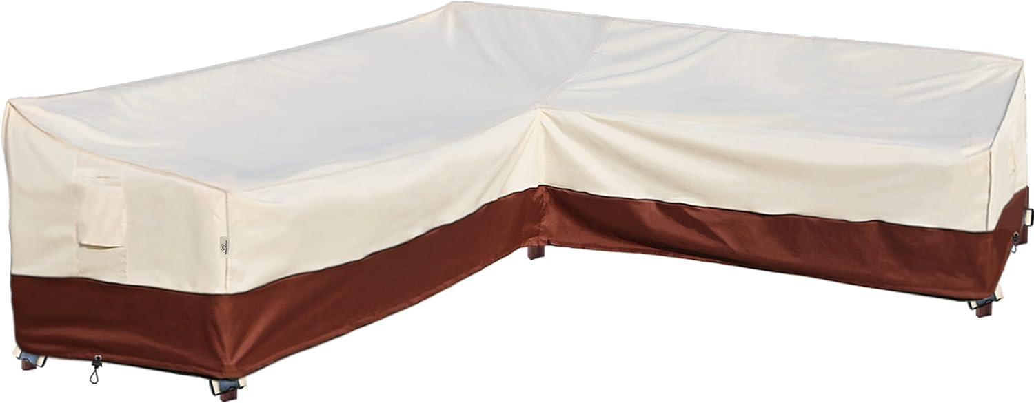 Outdoor Sectional Cover-V-Shaped Garden Patio Furniture Covers Waterproof Rip-Stop Anti-UV 600D Heavy Duty Outdoor Couch Cover with 3 Air Vents Sofa Cover 85''L 33.5''D 31''H,Beige & Reddish Brown