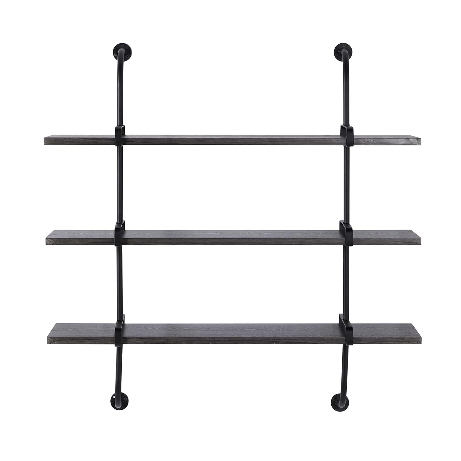 DecMode 38" x 10" 3-Tier Gray Wall Shelf with Black Metal Brackets