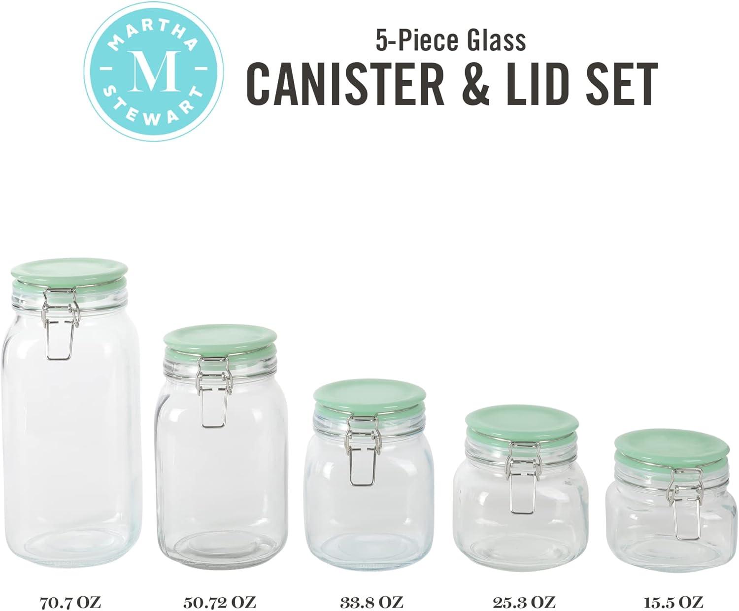 5-Piece Clear Glass Canister Set with Green Lids