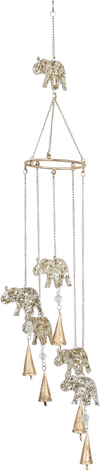 DecMode 39" Gold Metal Embellished Elephant Windchime with Glass Beads and Cone Bells