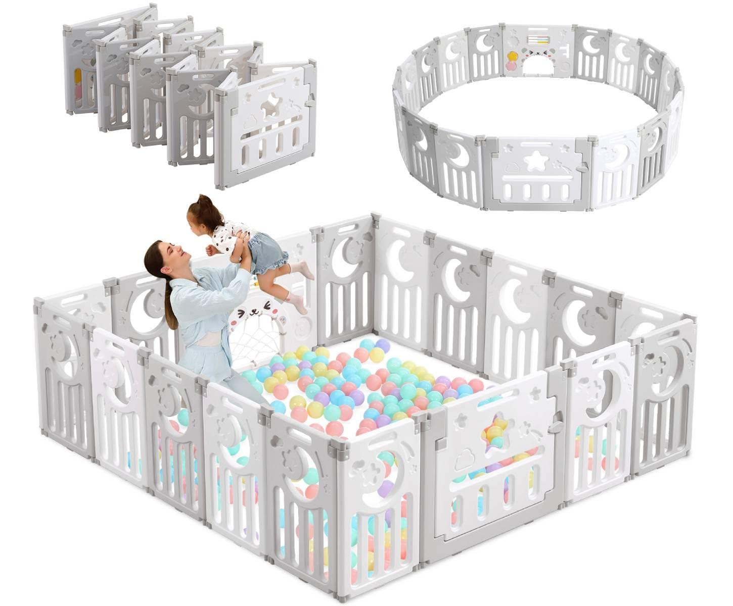Baby Playpen, Dripex Foldable Playpen for Babies and Toddlers, Custom Shape Baby Fence, Safety Play Yard with Gate, Portable Play Area for Indoor or Outdoor, Grey White, 18 Panel