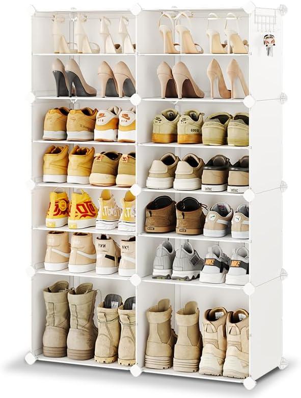 Shoe Rack, 8 Tier Shoe Storage Cabinet with Door, 32 Pair Shoe Organizer Shelves for Closet Hallway Bedroom Entryway, White