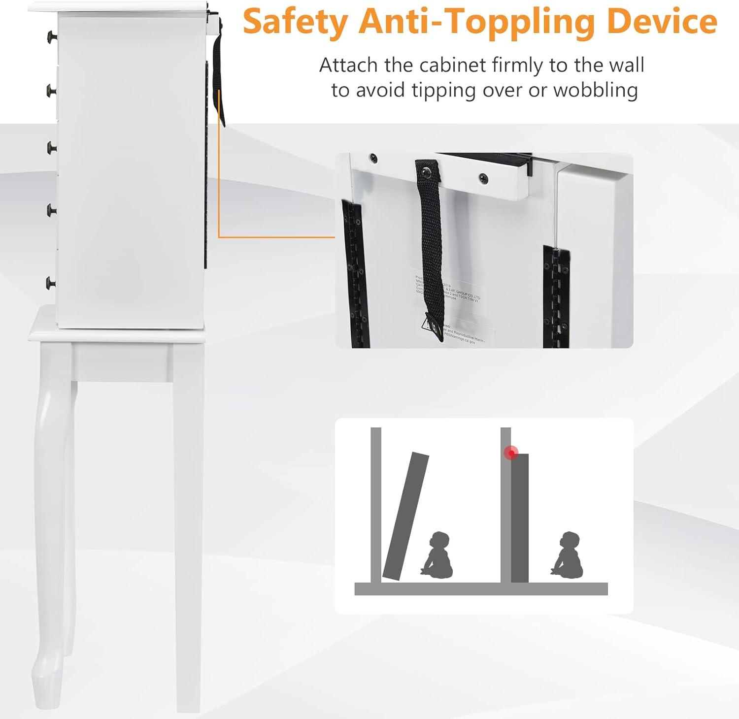 Standing Jewelry Cabinet Armoire with Top Flip Mirror, Jewelry Box Chest with 4 Drawers, Top Compartments, 8 Necklace Hooks and 2 Side Doors, White