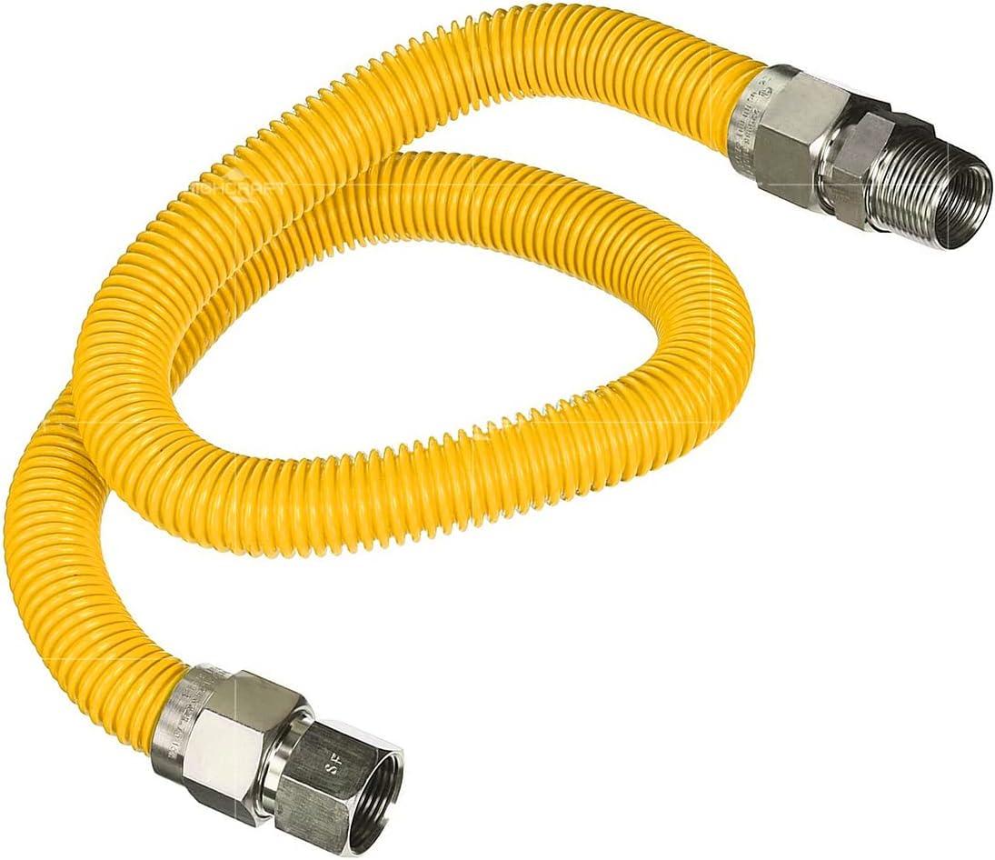 Gas Connector 24 inch Yellow Coated Stainless Steel, 1” OD Flexible Gas Hose Connector for Tankless Water Heater, with 3/4” FIP x 3/4” MIP Stainless Steel Fittings, 24” Gas Appliance Supply Line