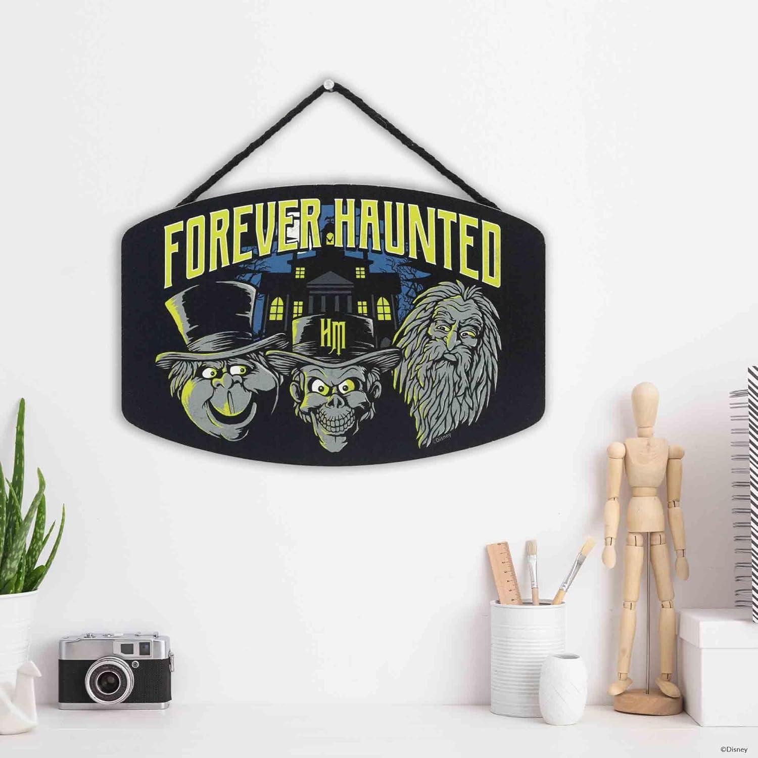 Disney Haunted Mansion Forever Haunted Hanging Wood Wall Decor - Spooky Hitchhiking Ghosts Sign for Halloween Decor
