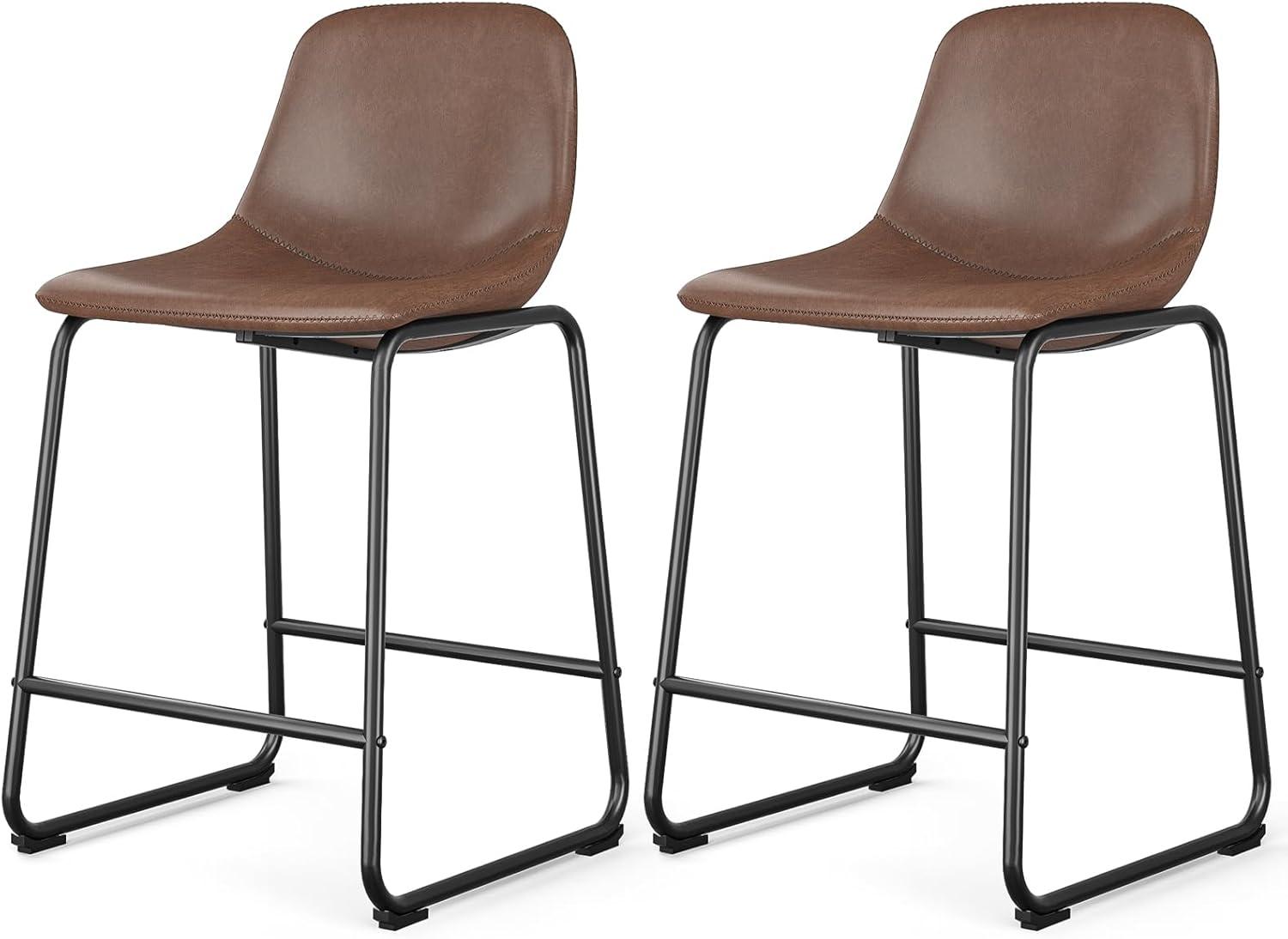 Bennium Counter Stools Set of 2, 24 inch Counter Height Bar Stools Hold up to 500 lbs, Armless Counter Height Chairs with Metal Legs & Soft Backrest for Kitchen Island Coffee Shop, Brown