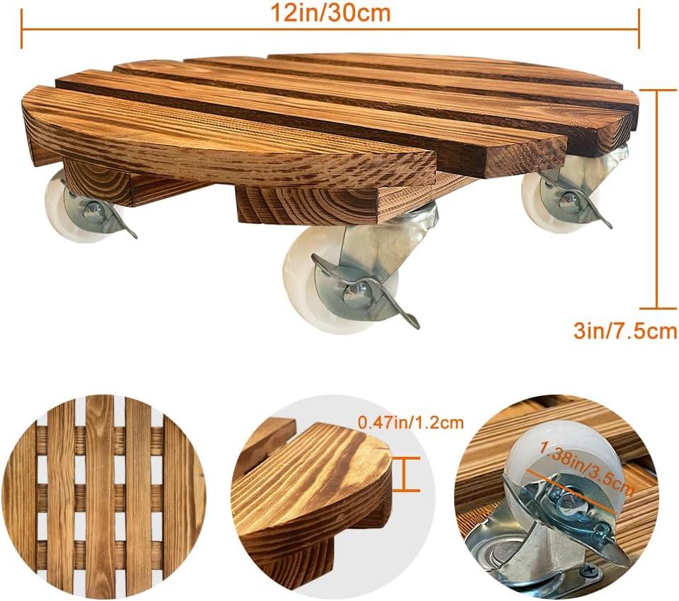 BUSATIA 2pack 12" Plant Caddy Plant Stand with Wheels,Rolling Plant Stand Heavy Duty Wooden Round Plant Dolly Rollers with 360°Metal Lockable Casters Indoor Outdoor Pot Plant Roller Base Caddies