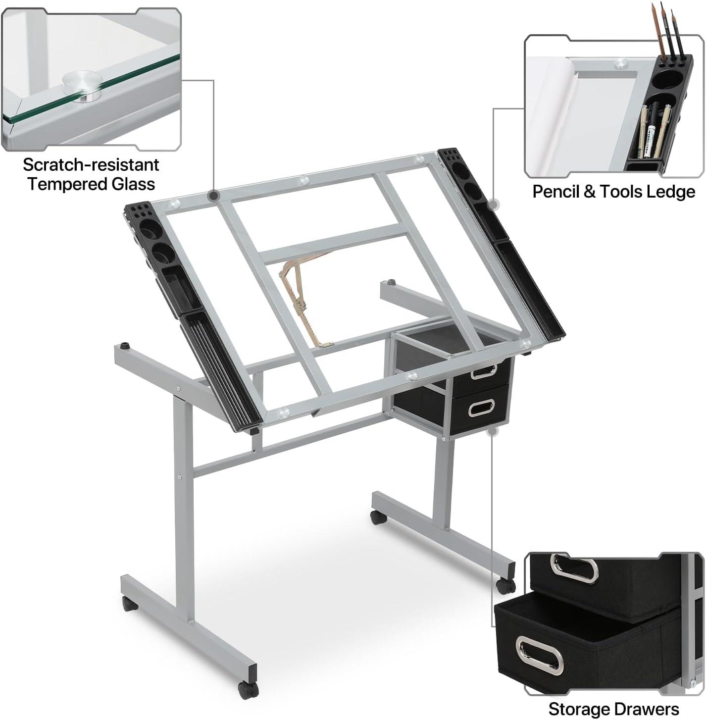 LIQI Drafting Table on Wheels with Storage & Side Tray - Adjustable 0-65° Glass Tabletop, Replaceable Feet Art Desk