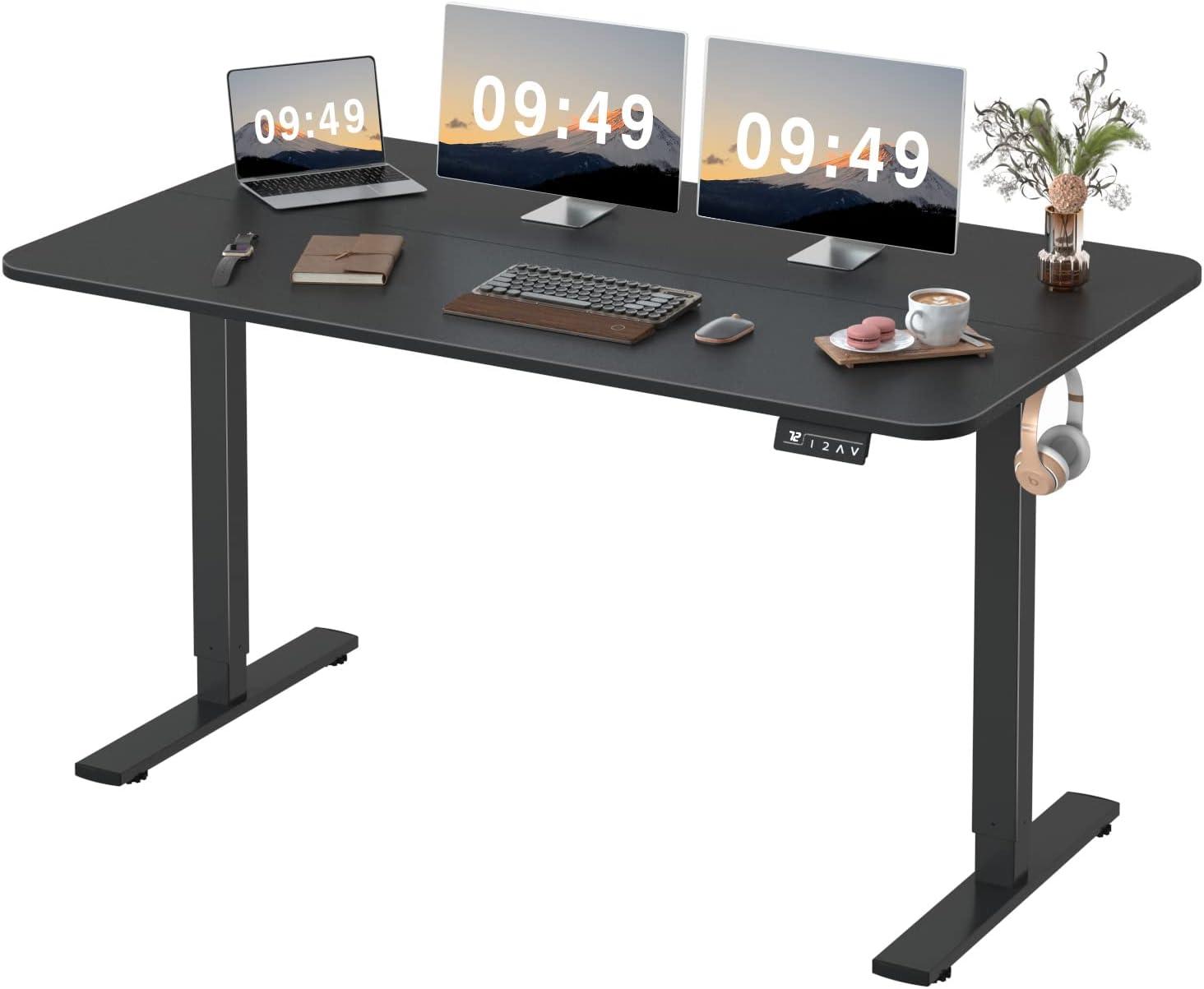 Electric Height Adjustable Standing Desk Large 55 x 24 Inches Sit Stand Up Desk Home Office Computer Desk Memory Preset with T-Shaped Metal Bracket, Black
