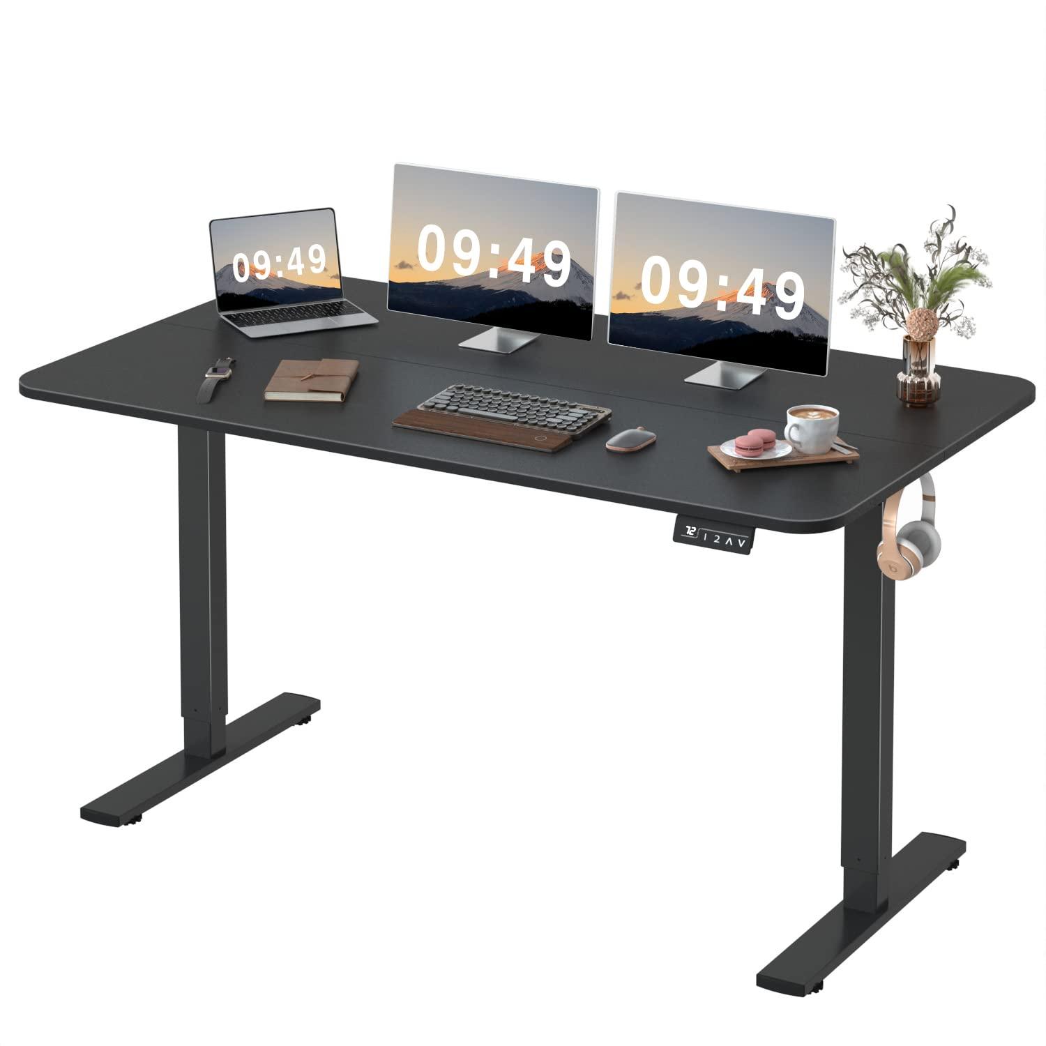Electric Height Adjustable Standing Desk Large 55 x 24 Inches Sit Stand Up Desk Home Office Computer Desk Memory Preset with T-Shaped Metal Bracket, Black