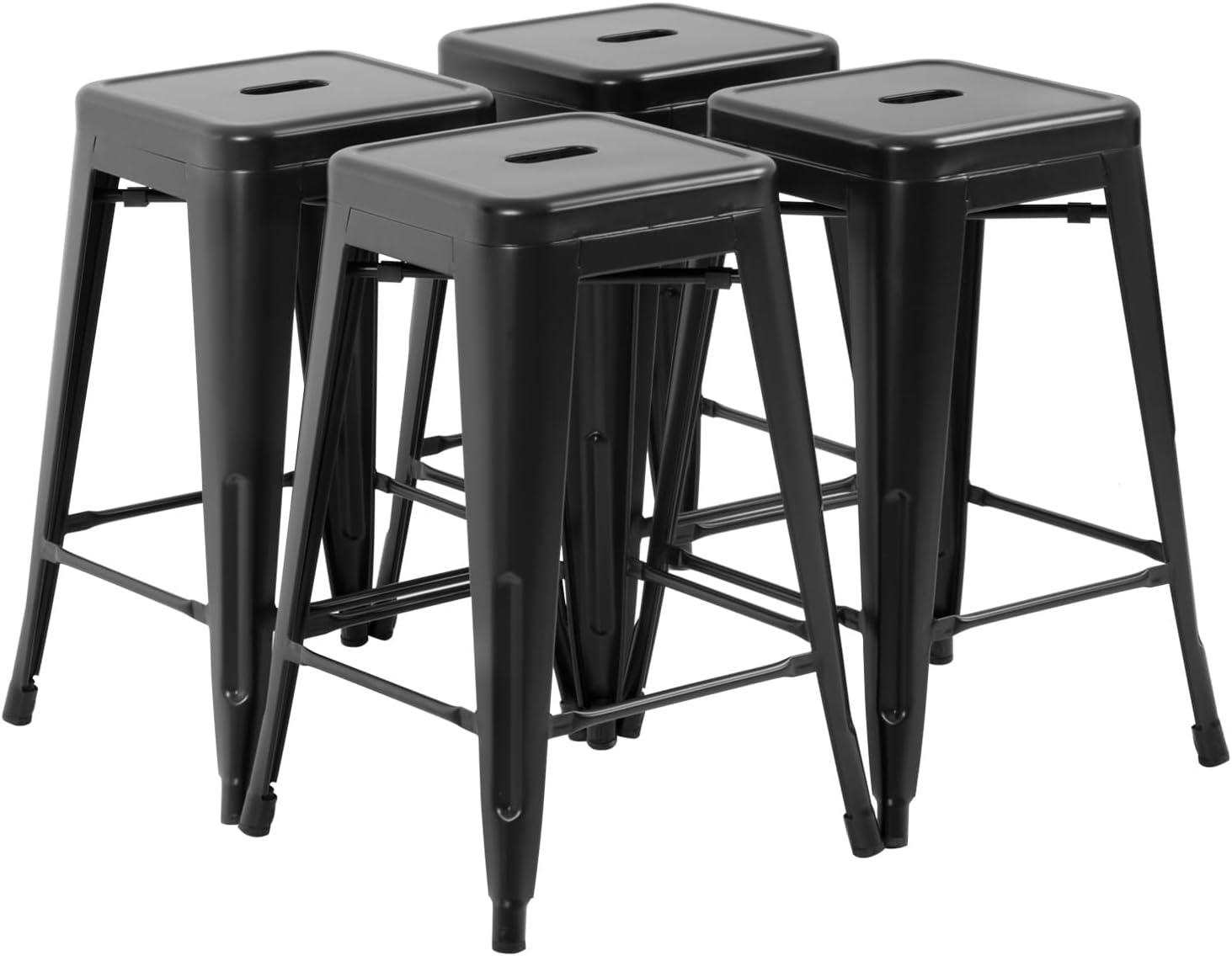 FDW Metal Bar Stools Set of 4 Counter Height Barstool Stackable Barstools 24 Inch Indoor Outdoor Patio Bar Stool Home Kitchen Dining Stool ,Black