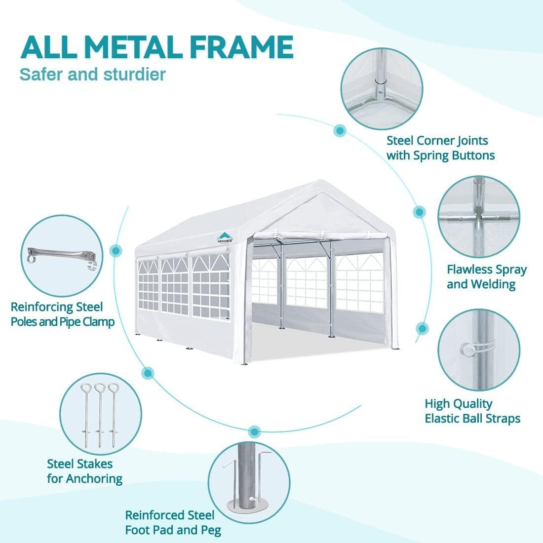 ADVANCE OUTDOOR 10'x20' Heavy Duty Steel Carport Car Canopy, Adjustable Height from 9.5ft to 11ft with Removable Window Sidewalls and Doors, White