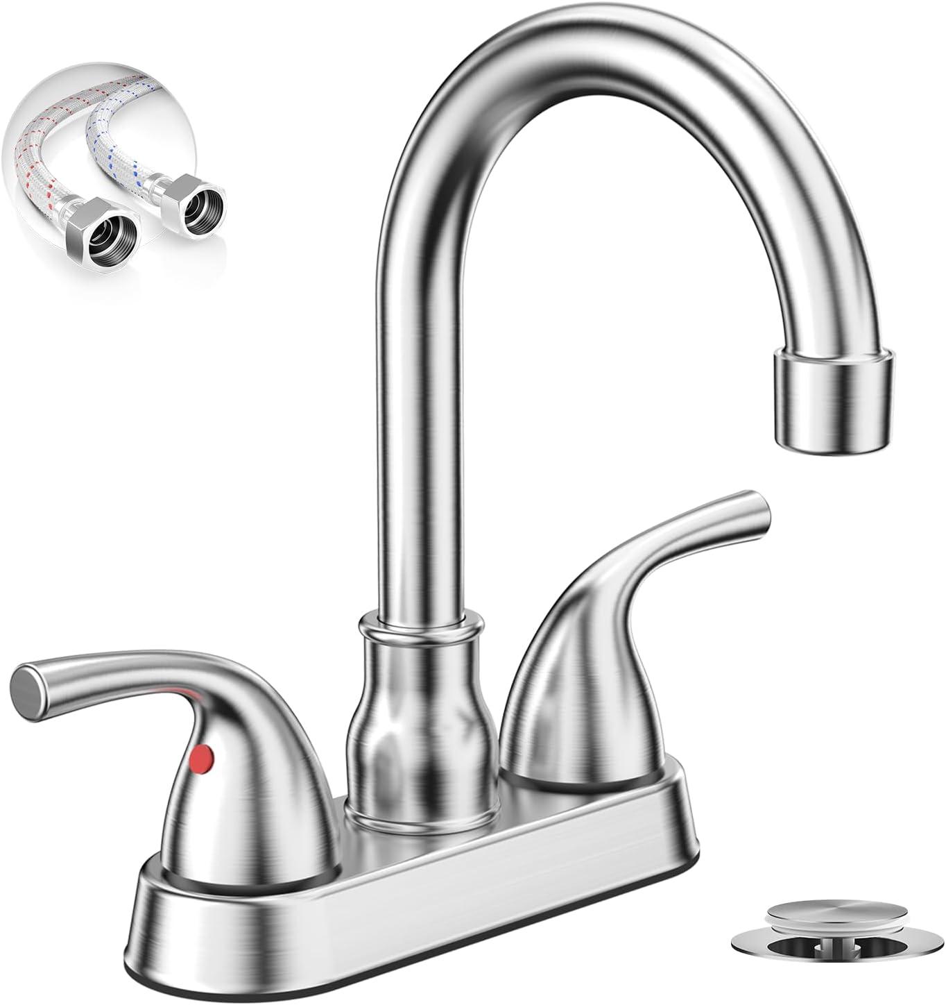 Phiestina Centerset 4 Inch 2 or 3 Holes Brushed Nickel Bathroom Faucet, Vanity Sink Faucet with 360 Swivel Spout, Metal Pop-up Drain and Water Supply Lines, JC180-BN