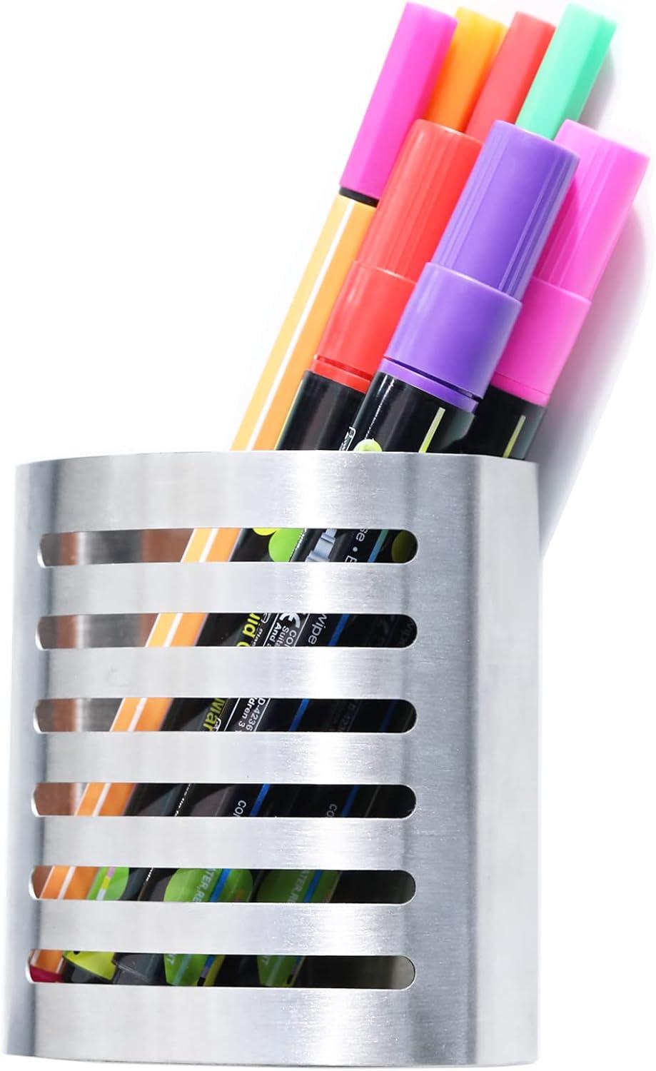 Magnetic Modern Pen and Pencil Holder, Metal Writing Utensil Storage Organizer for Kitchen, Locker, Home, or Office, 3.25" x 1.75" x 3.50", Brushed Stainless Steel