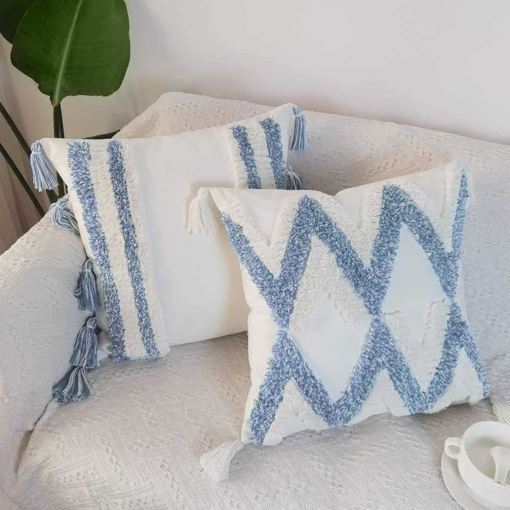 White and Blue Boho Tufted Velvet Pillow Covers with Tassels, 18"x18", Set of 2