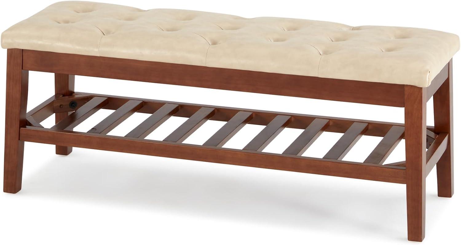 Milcil Upholstered Shoe Bench Entryway Bench Bed Bench Tufted Seat with Wood Shelf Storage Faux Leather Ivory