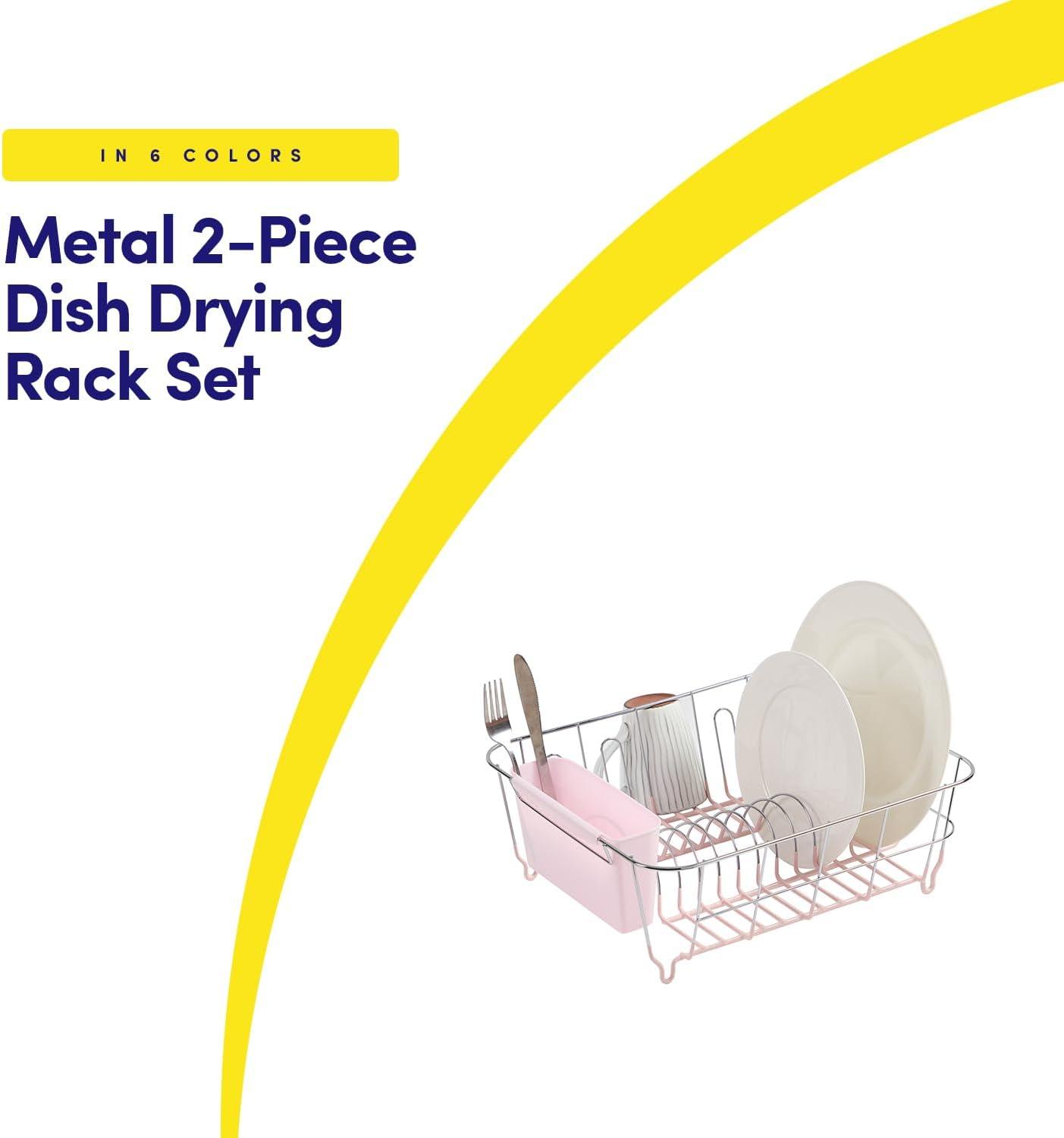 Sweet Home Collection Chrome Plated Steel Small 2 Piece Dish Drainer Pale Pink