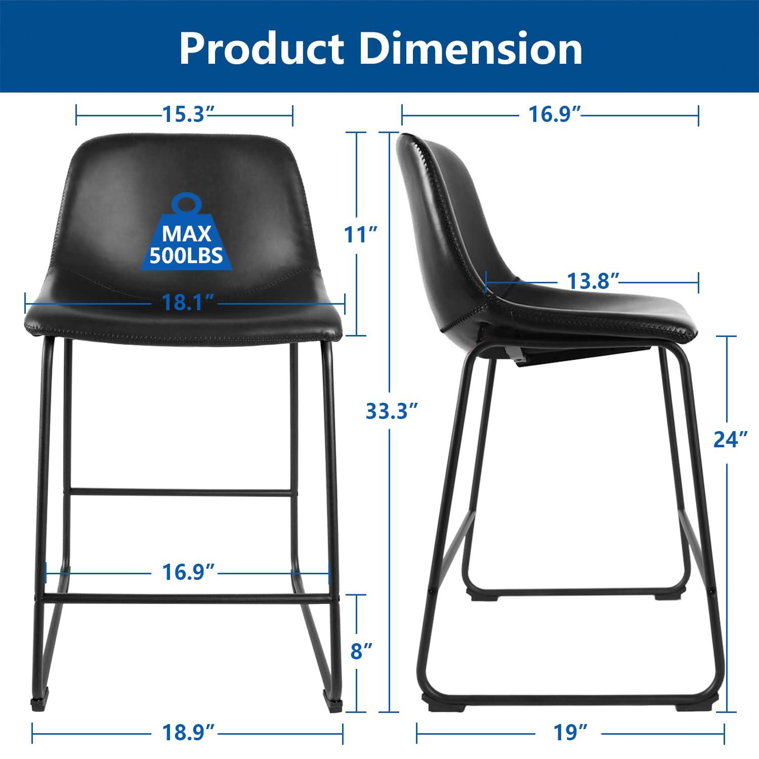 Bennium Counter Stools Set of 2, 24 inch Counter Height Bar Stools Hold up to 500 lbs, Armless Counter Height Chairs with Metal Legs & Soft Backrest for Kitchen Island Coffee Shop, Brown