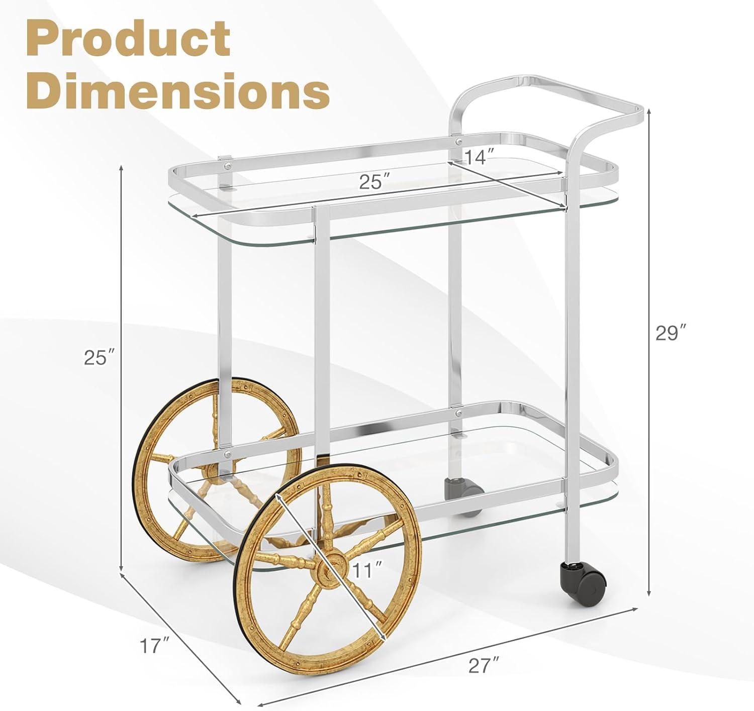 Costway Modern Bar Cart 2-Tier Tempered Glass Serving Cart with 2 Large Aluminum Wheels & 2 Rolling Casters Easy-to-Grip Handle Stainless Steel Frame