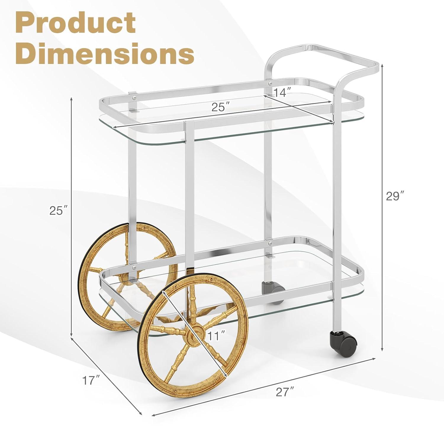 Costway Modern Bar Cart 2-Tier Tempered Glass Serving Cart with 2 Large Aluminum Wheels & 2 Rolling Casters Easy-to-Grip Handle Stainless Steel Frame