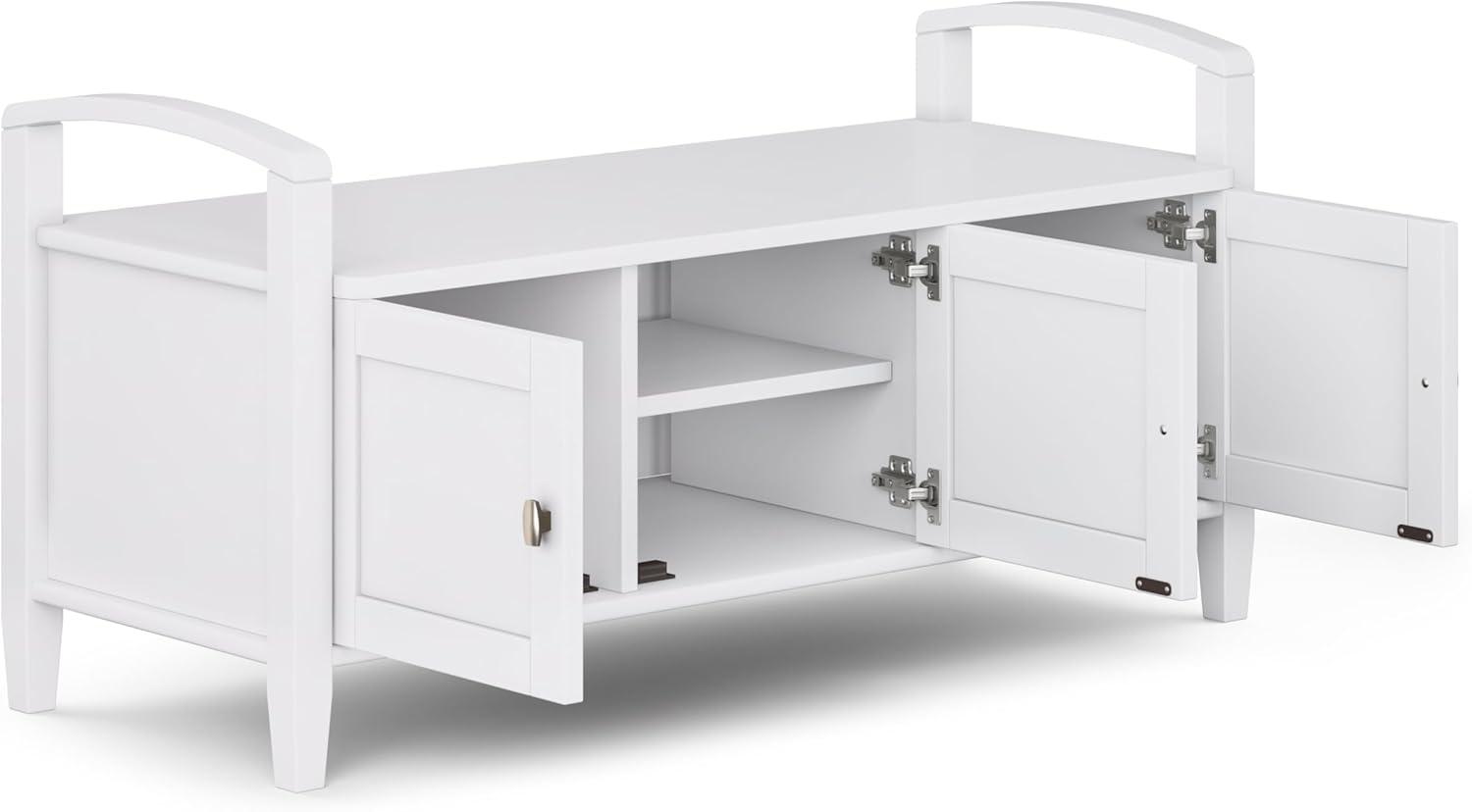 Simpli Home Warm Shaker 44"W Solid Wood Entryway Storage Bench with 3 Cabinets, Shaker-Style Doors and Interior Shelves