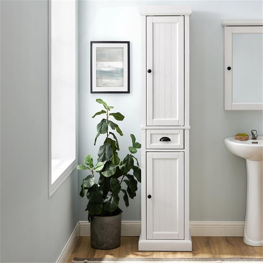 Seaside Tall Linen Cabinet White - Crosley: Freestanding Bathroom Storage, Adjustable Shelves, Towel Organizer