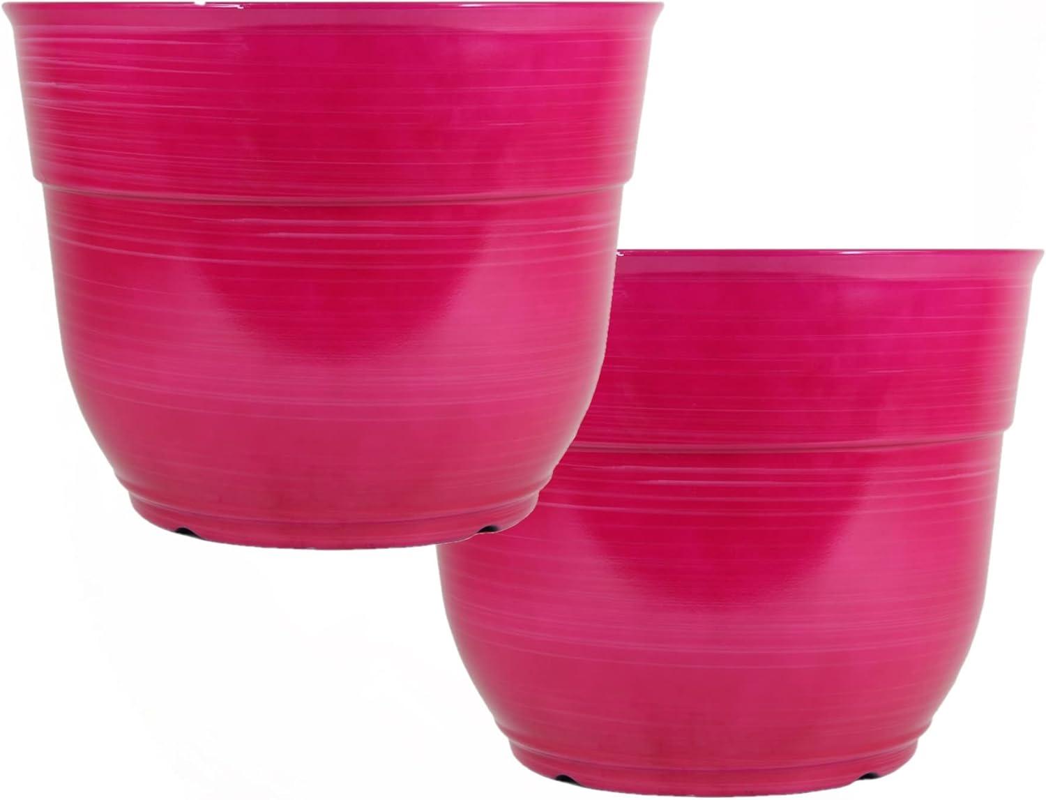 Garden Elements Indoor/Outdoor Glazed Brushed Happy Plastic Planter, Large, Bright Pink, 15"