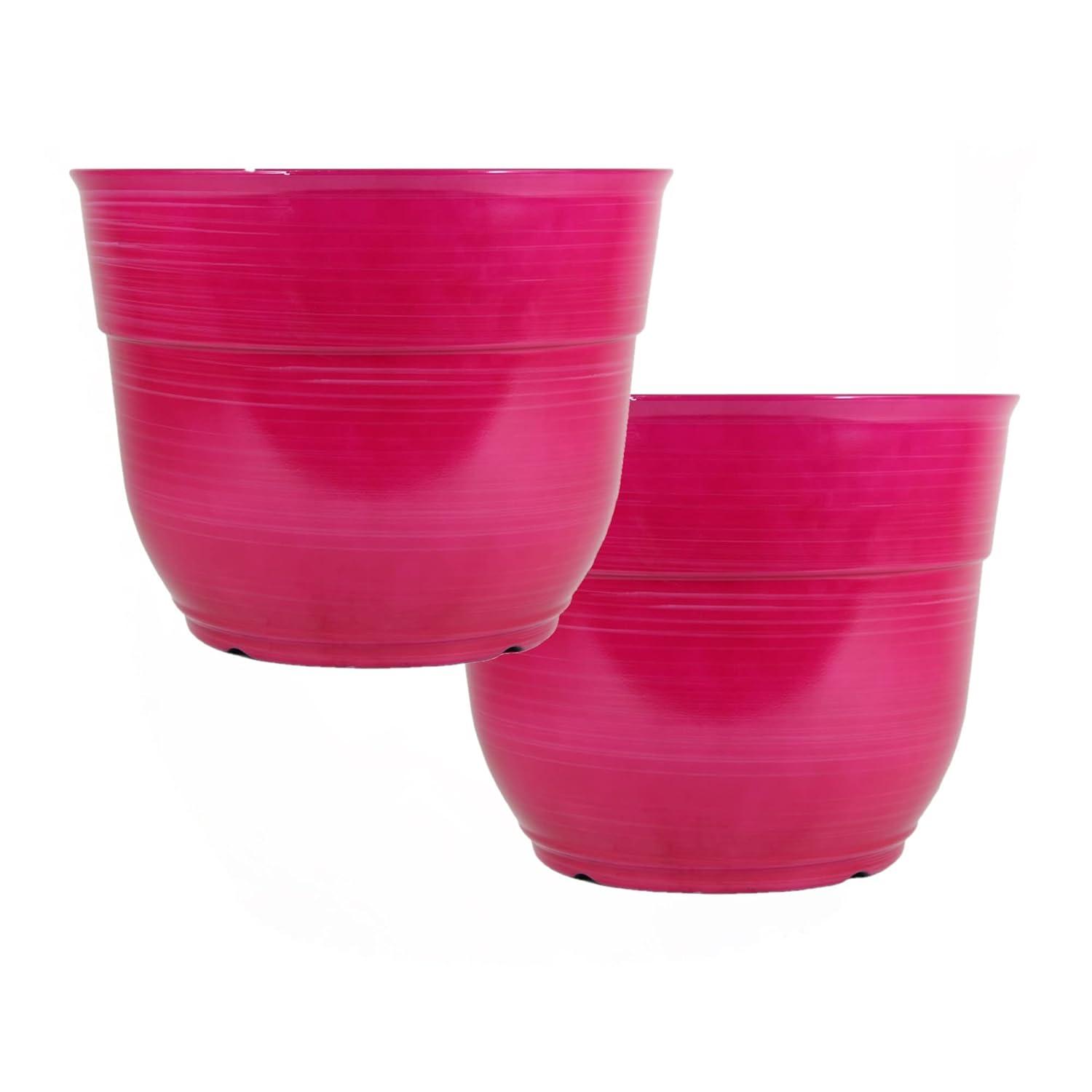 Garden Elements Indoor/Outdoor Glazed Brushed Happy Plastic Planter, Large, Bright Pink, 15"