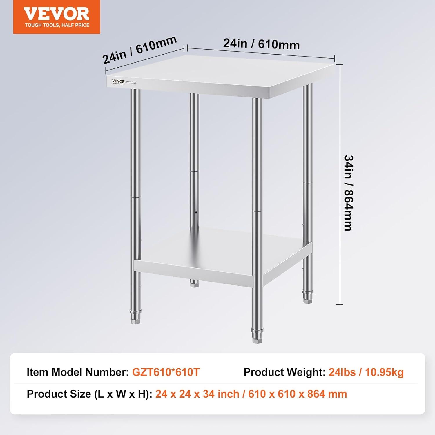 Stainless Steel Adjustable Height Kitchen Prep Table 24" x 24"