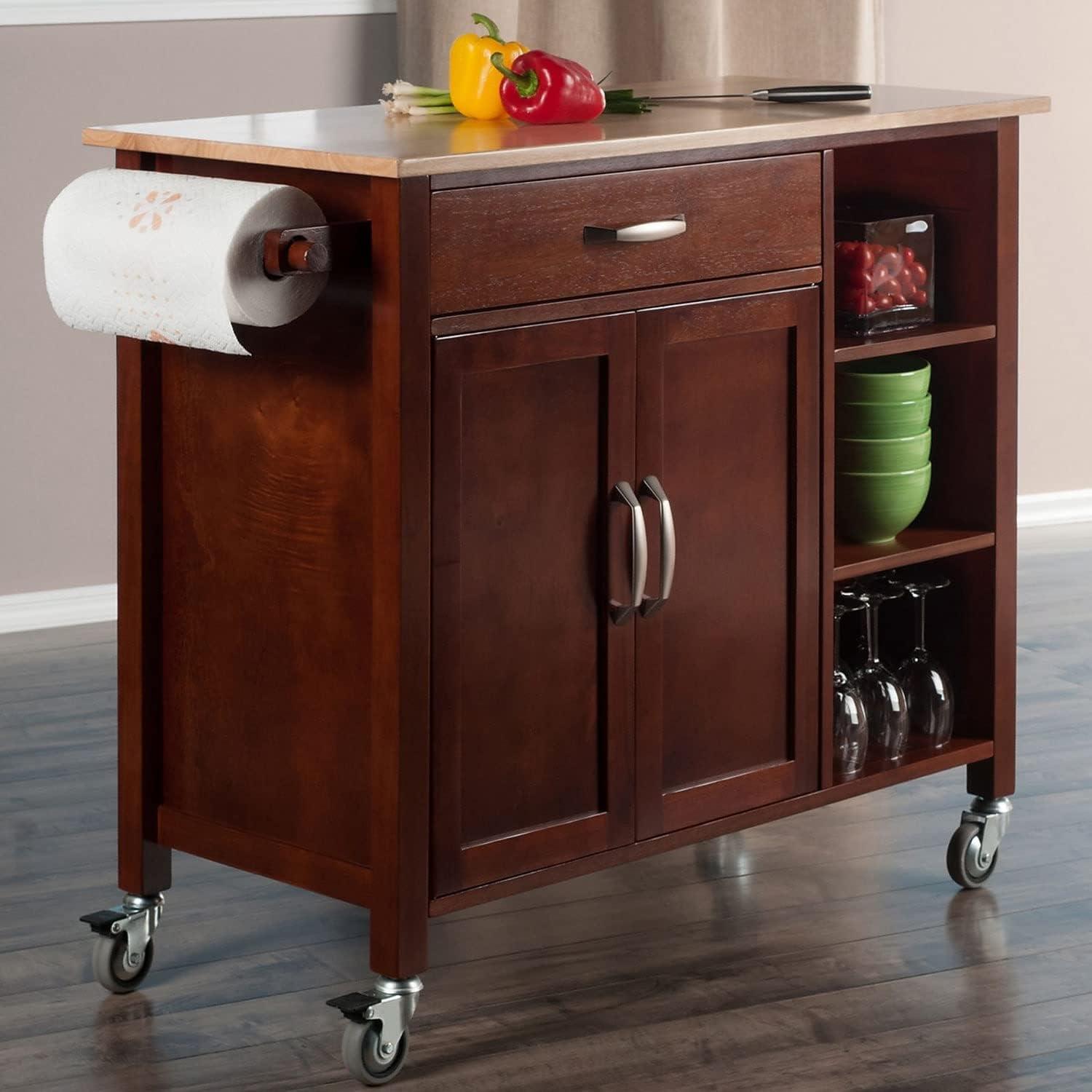 Mabel Walnut and Natural Wood Kitchen Cart with Storage