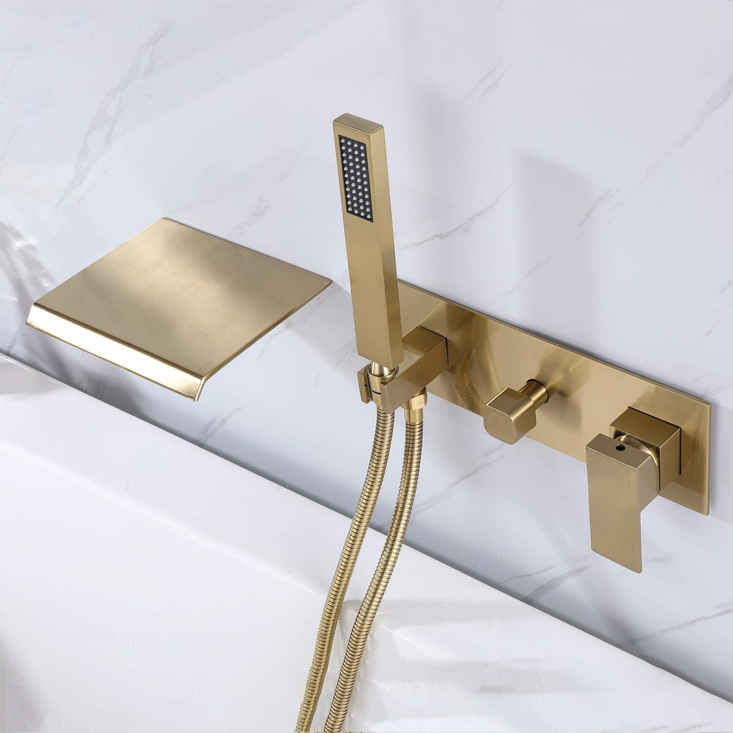 Wall Mounted Tub Filler with hand shower, Two Handles Brushed Gold Waterfall Bathtub Faucet with Rough-in Valve