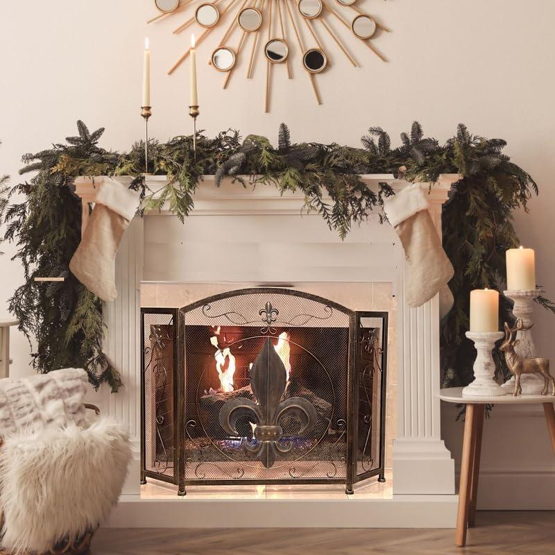 BestGiftEver 3-Panel Fireplace Screen Decorative with Fleur De Lis Design Vintage Golden Bronze Tone - Stand Alone Decorative Wrought Iron Mesh French Royal Style Fireplace Cover, Classic Home Decor