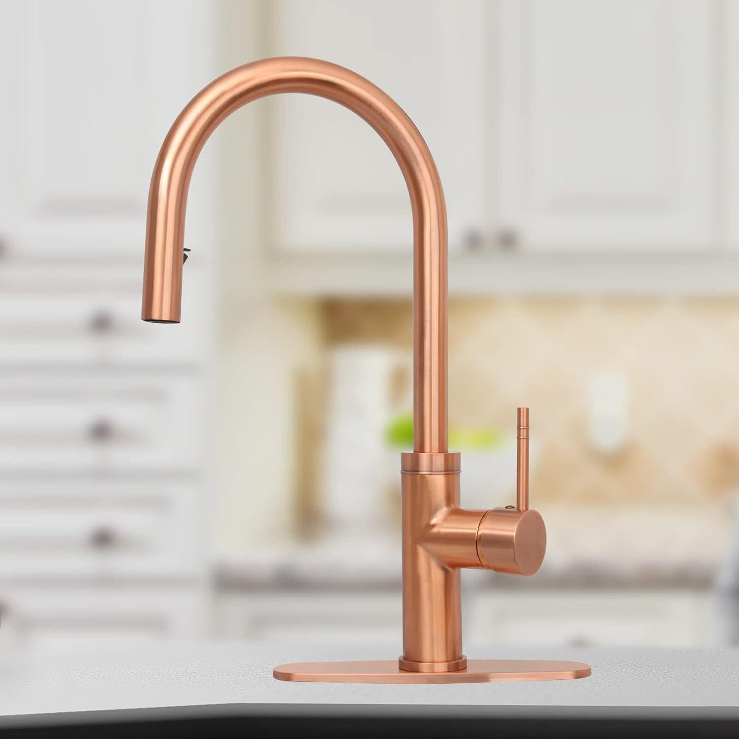 Single-Handle Pull Down Sprayer Kitchen Faucet with Deckplate in Copper