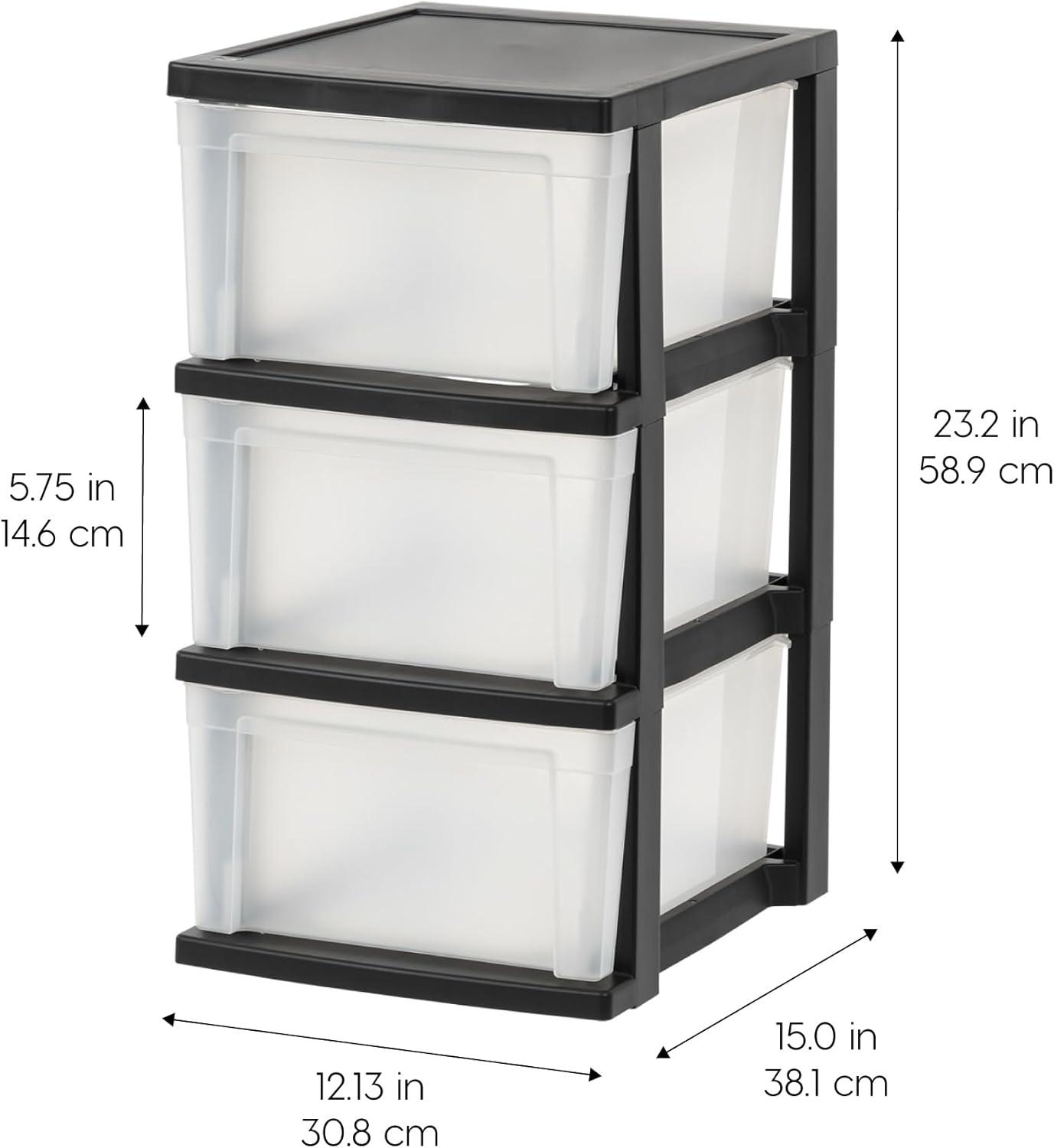 IRIS USA 3-Drawer Plastic Storage Dresser, 2-Pack, Standing Organizer Storage Container Bin with Drawers for Clothes Crafts Classroom, Black/Clear