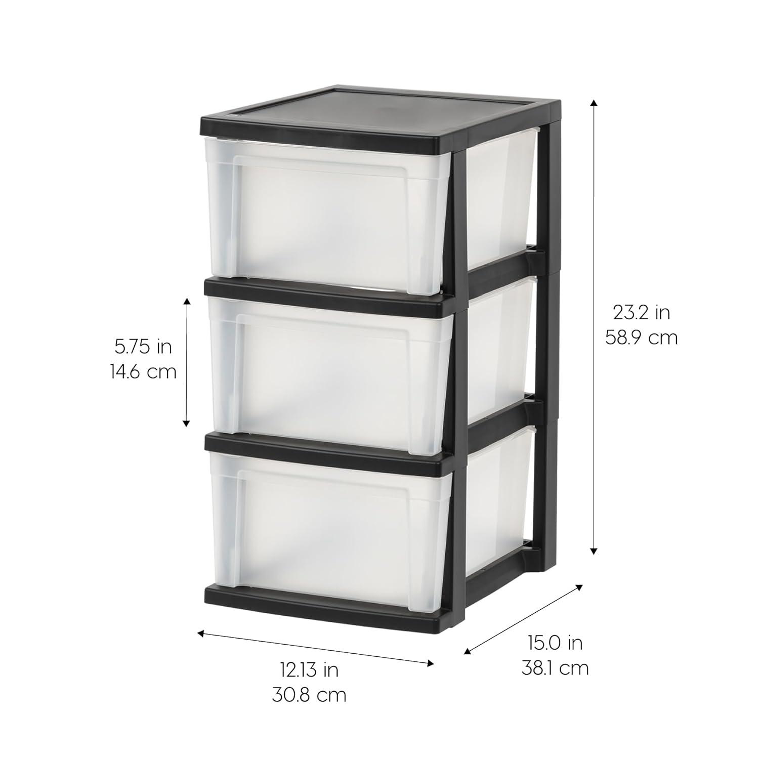 IRIS USA 3-Drawer Plastic Storage Dresser, 2-Pack, Standing Organizer Storage Container Bin with Drawers for Clothes Crafts Classroom, Black/Clear