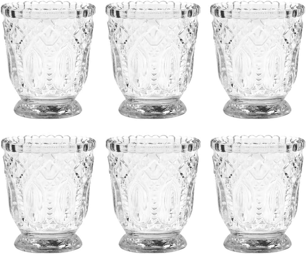 Vintage Clear Glass Candle Holders with Ornate Design, Set of 6