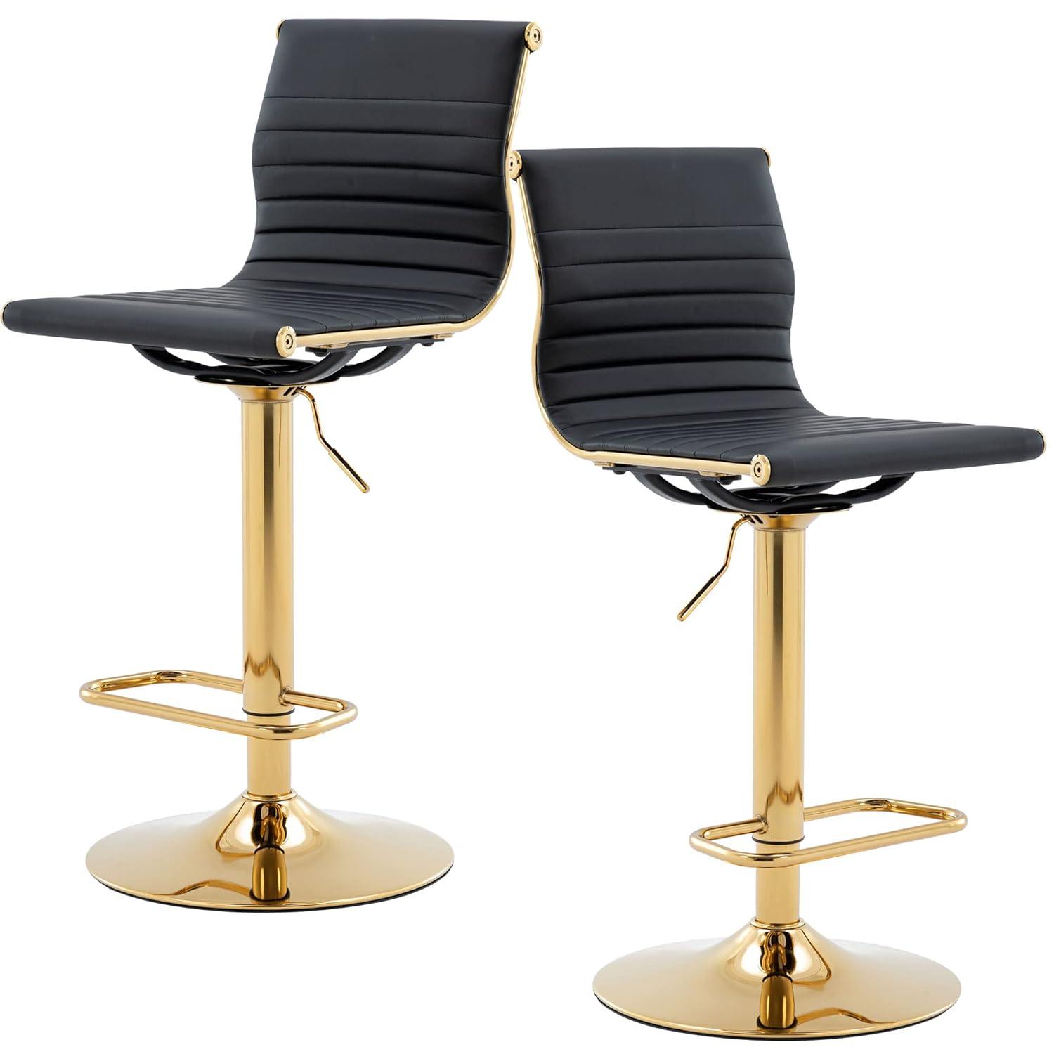 Flash Furniture Modern Black Vinyl Adjustable Bar Stool with Back, Counter Height Swivel Stool with Gold Pedestal Base, Set of 2