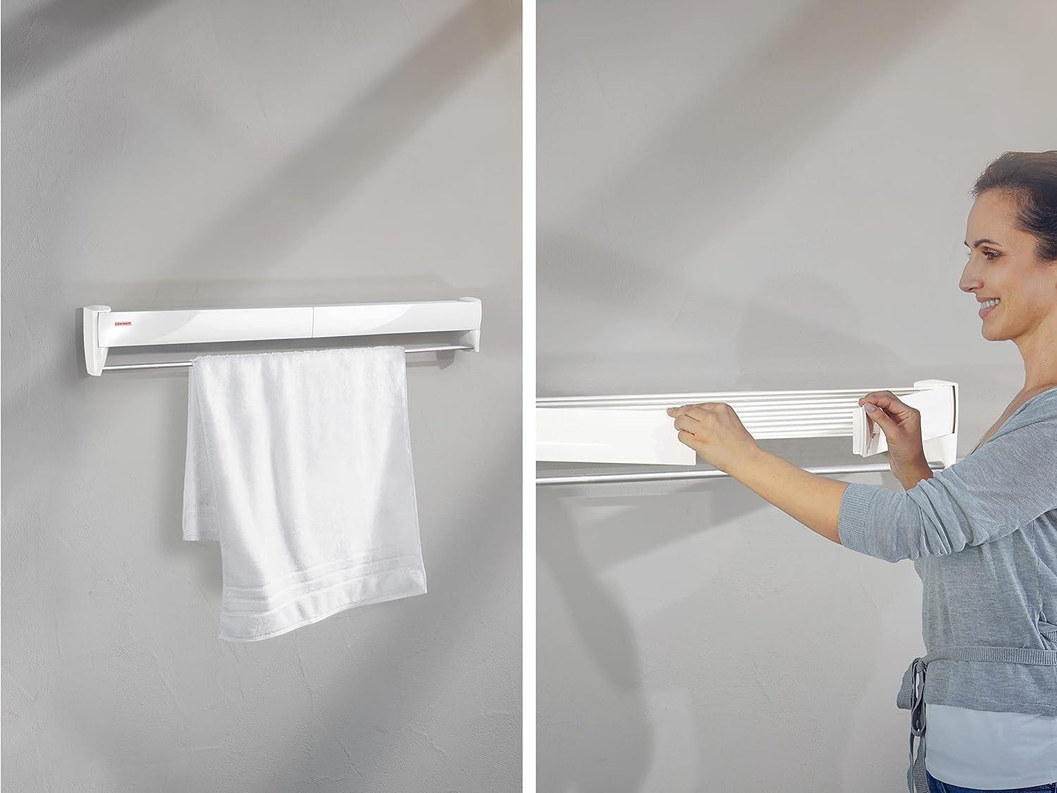 Leifheit Telefix 100 Wall-Mounted Retractable Clothes Drying Rack with 8 Rods, 26 ft. of Drying Space & Sleek Design for Laundry or Dorm Rooms, White