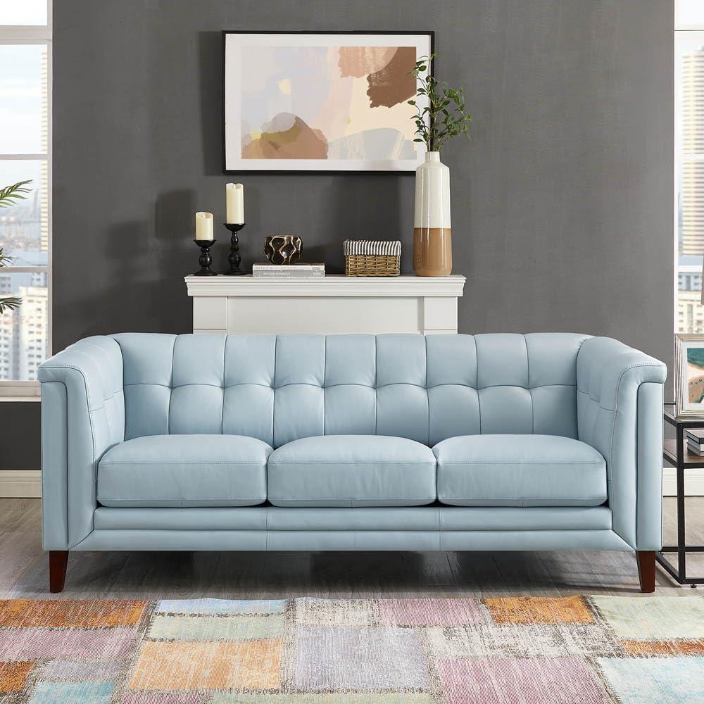 Arvo 84" Silver Gray Tufted Leather Sofa with Wood Legs