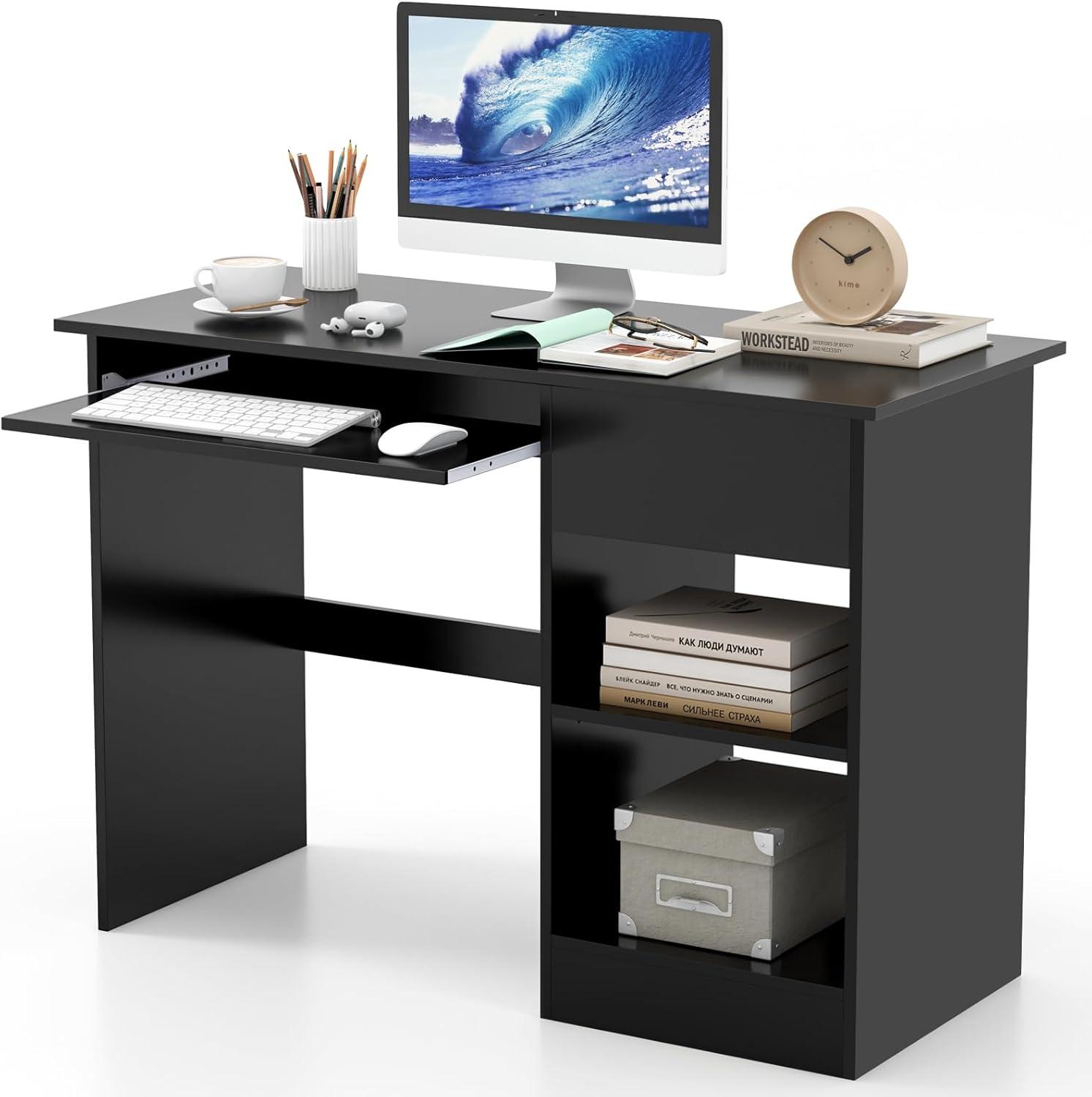 Tangkula Computer Desk w/ Keyboard Tray Large Drawer Home Office Desk w/ Adjustable Shelf & Cable Hole Study Desk