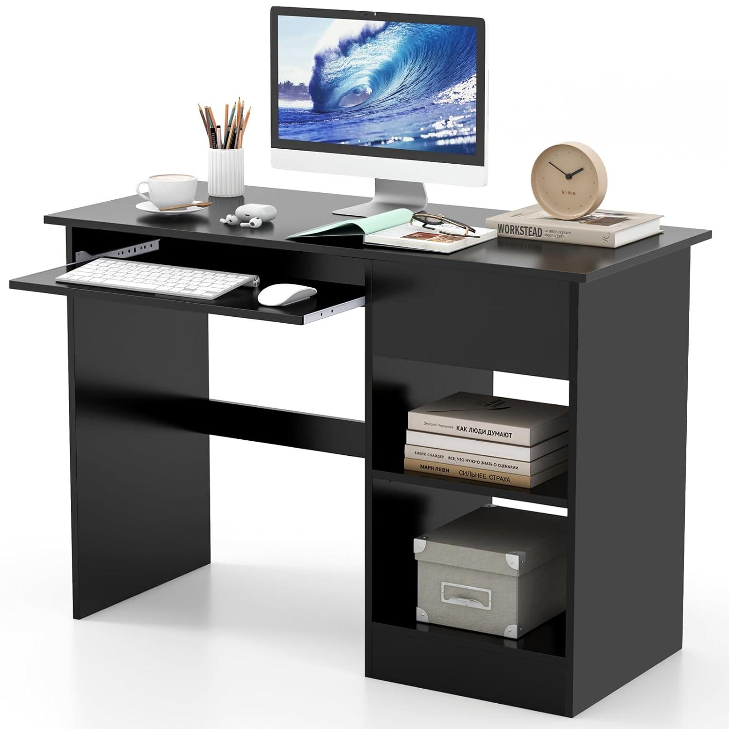 Tangkula Computer Desk w/ Keyboard Tray Large Drawer Home Office Desk w/ Adjustable Shelf & Cable Hole Study Desk