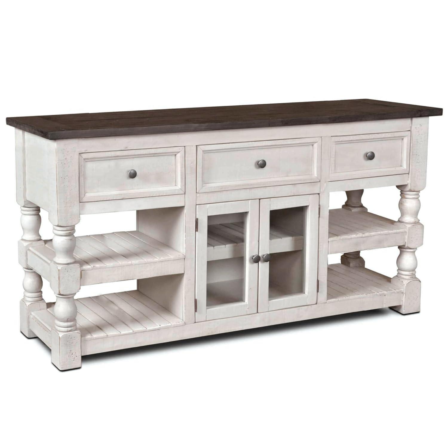 Sunset Trading Stowe Barn Door Console - Media Cabinet - TV Stand - Rustic White and Brown Solid Wood