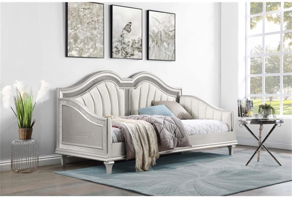 Ivory and Silver Oak Twin Daybed with Tufted Faux Leather Upholstery